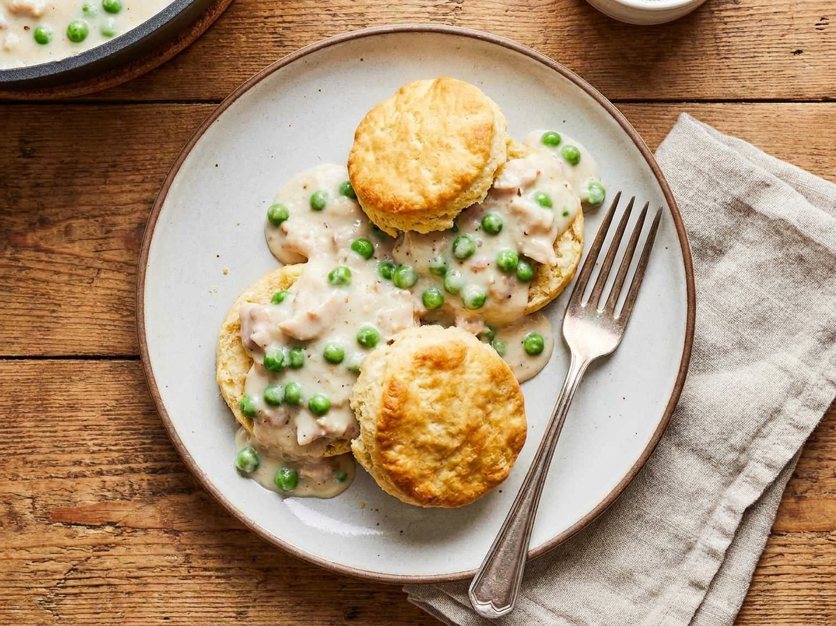 A plate of split biscuits topped with creamed chicken and peas, served on a wooden table with a fork and simple linen napkin