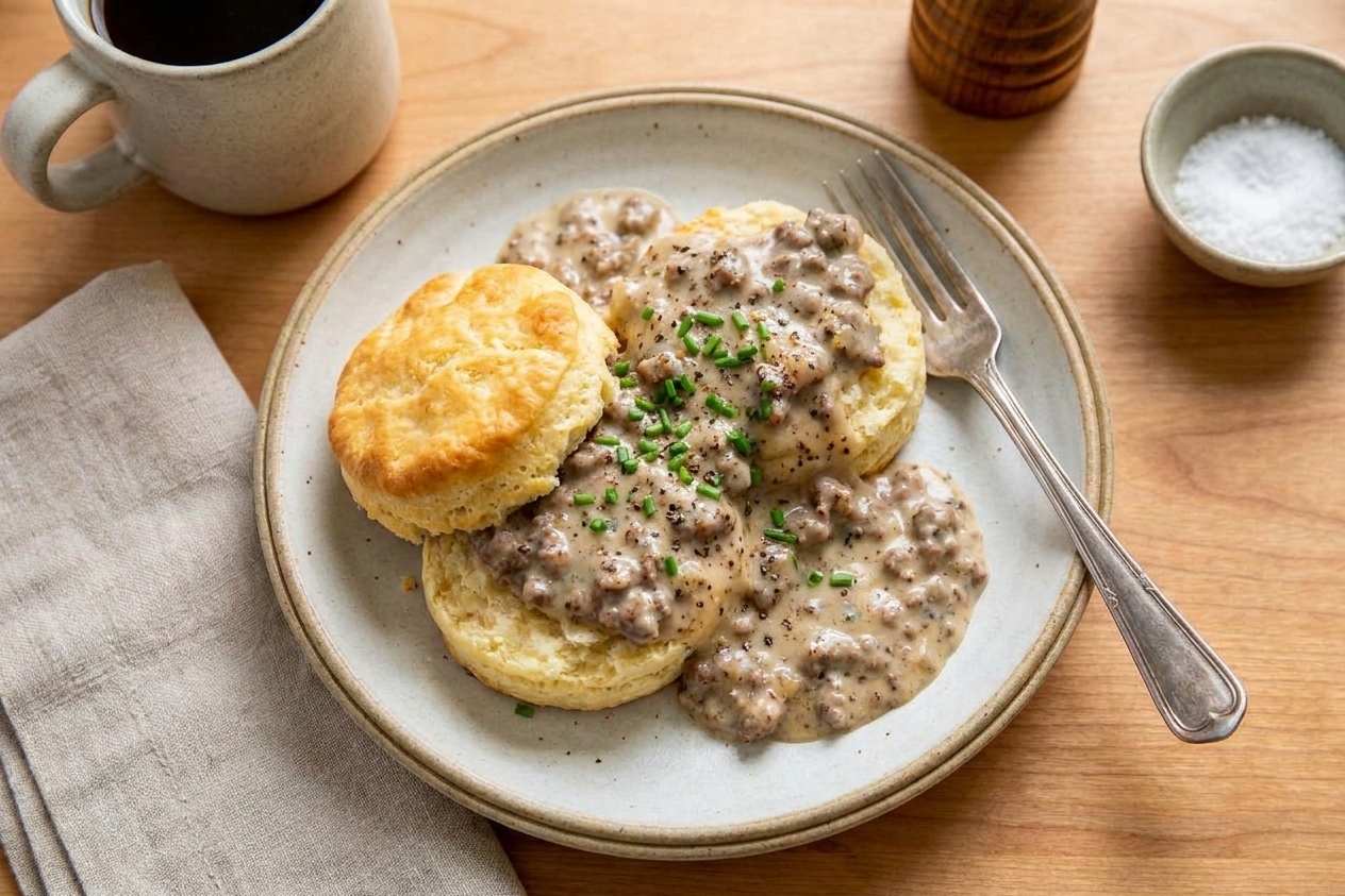 A plate of split biscuits topped with hamburger gravy next to a fork on a cozy kitchen table