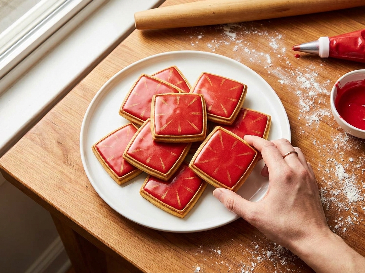 A plate of square redstone lamp-inspired sugar cookies iced in glossy red with golden cookie borders on a warm kitchen table
