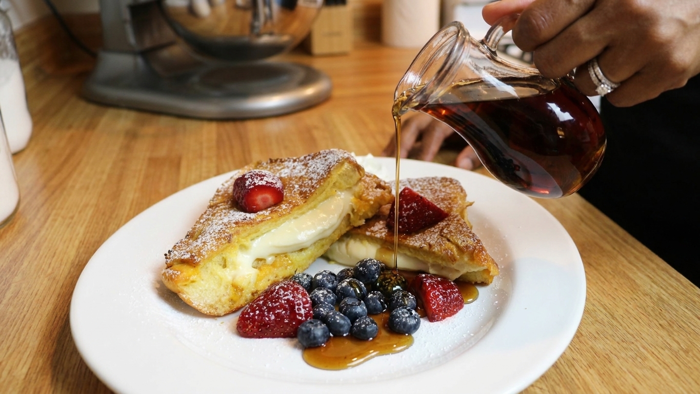 A plate of stuffed French toast sliced open with berries and maple syrup pooling on the plate