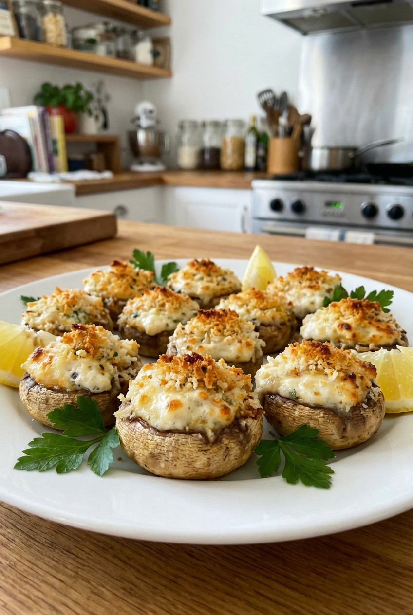 A plate of stuffed mushrooms with a creamy filling and crisp breadcrumb topping, served with lemon wedges