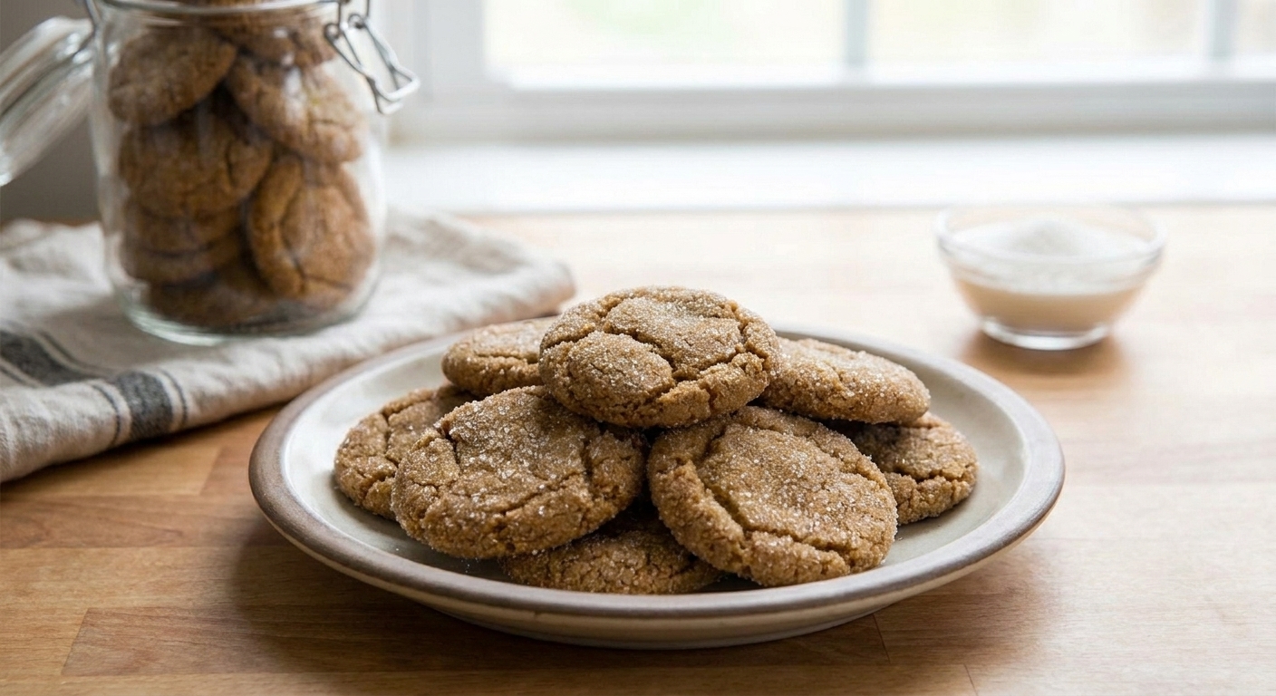 A plate of sugar-coated ginger molasses cookies with crackly tops on a cozy kitchen table, warm natural light