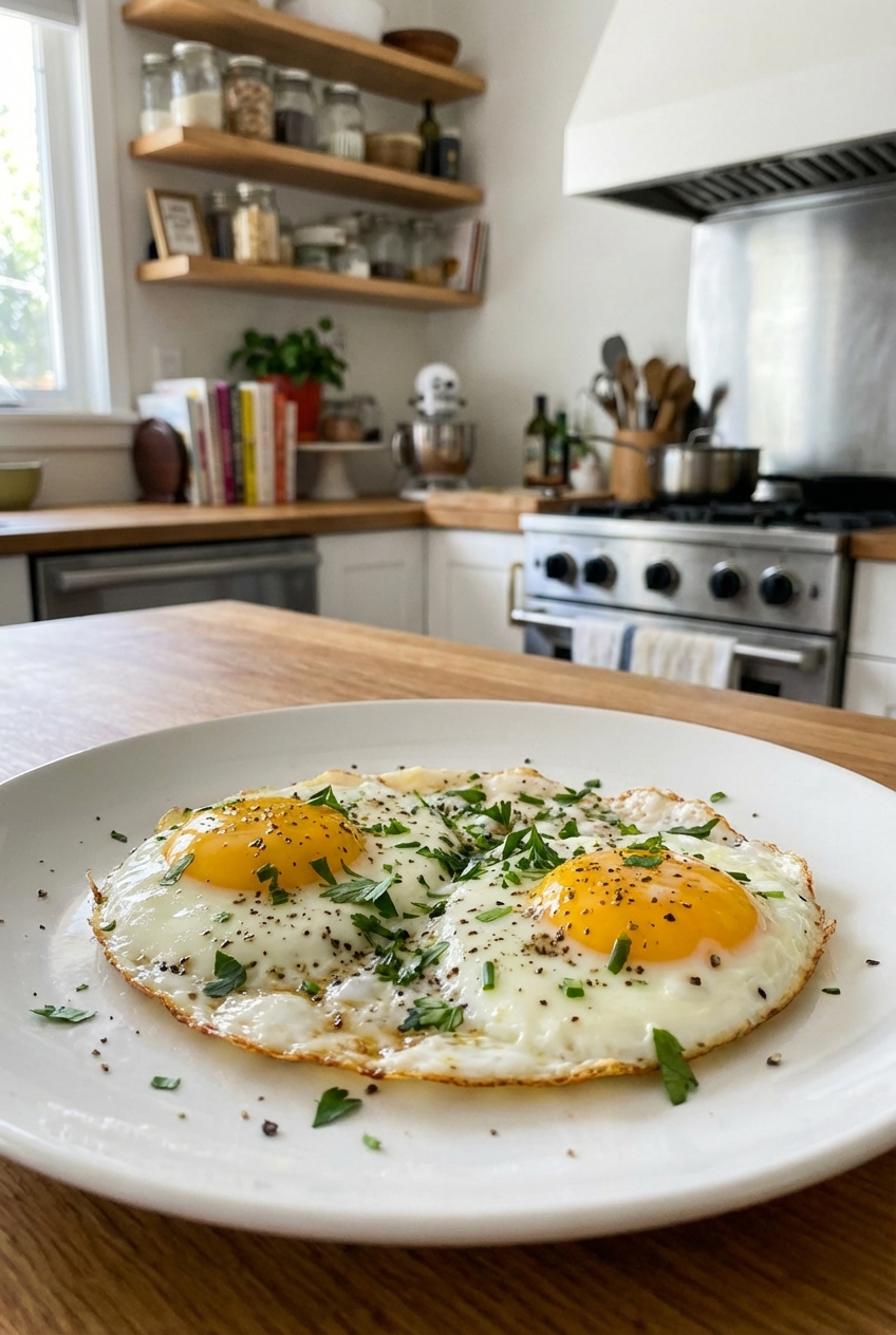A plate of sunny side up eggs with pepper and herbs
