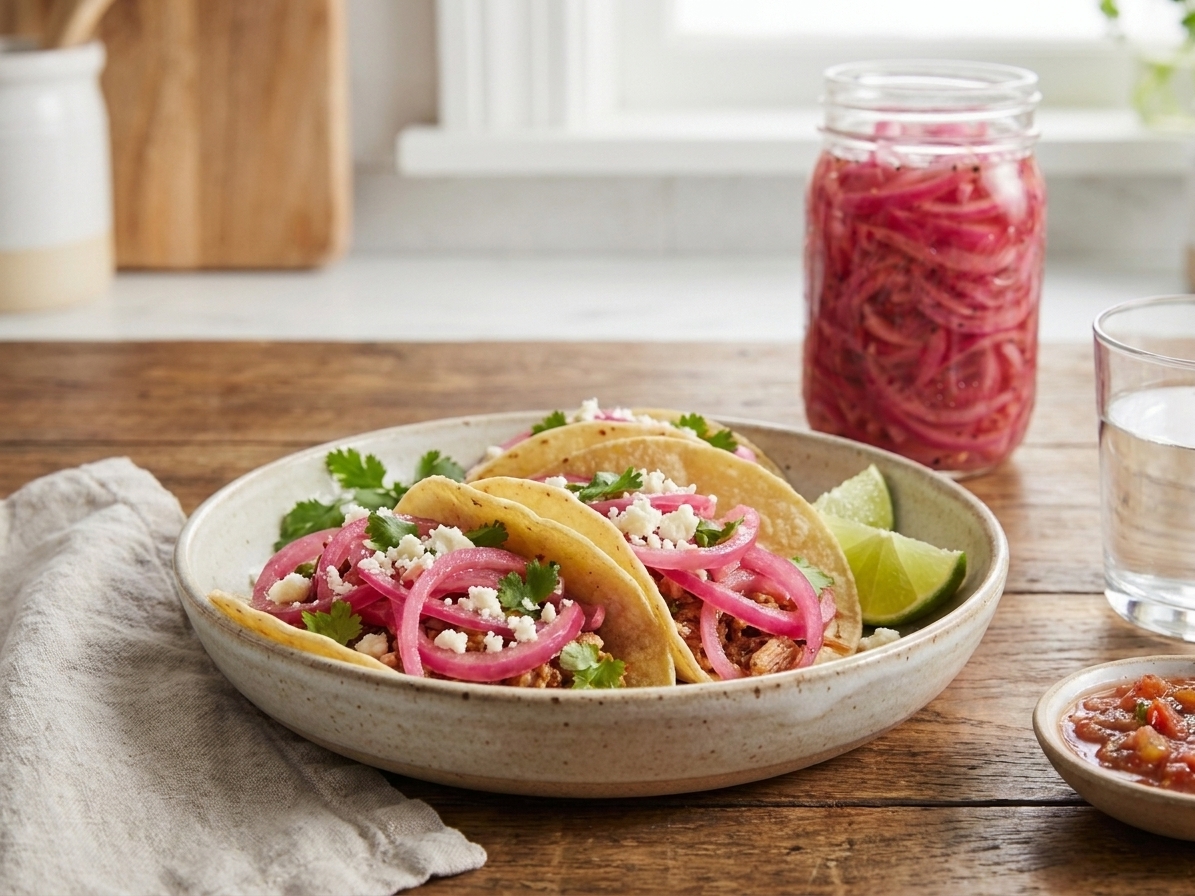 A plate of tacos topped with bright pink pickled red onions on a dinner table with a simple weeknight setting