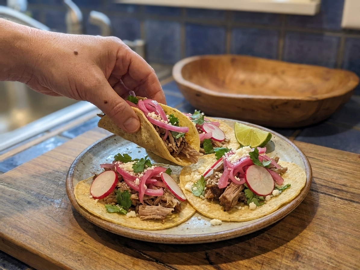 A plate of tacos topped with quick pickled red onion and radishes on a simple dinner table setting