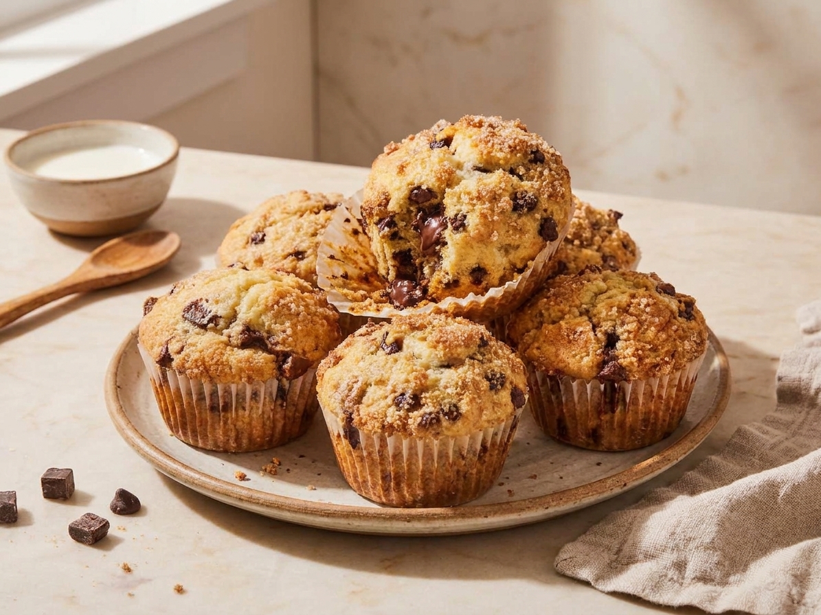 A plate of tall chocolate chunk muffins with golden tops and visible melted chocolate chunks on a warm kitchen table