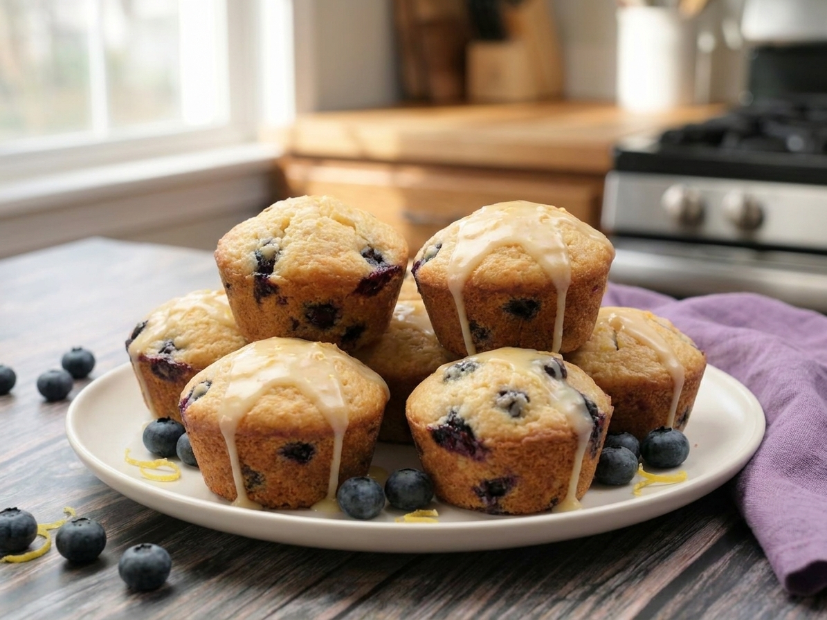 A plate of tall gluten free lemon blueberry muffins with golden domed tops and a light lemon glaze, set on a bright kitchen table with soft natural light