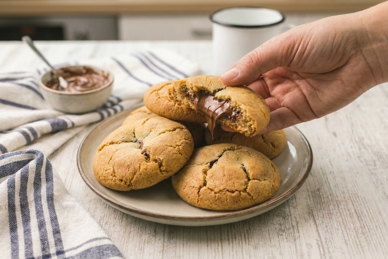 A plate of thick Nutella stuffed cookies with one cookie broken open to show a gooey chocolate hazelnut center on a warm kitchen table