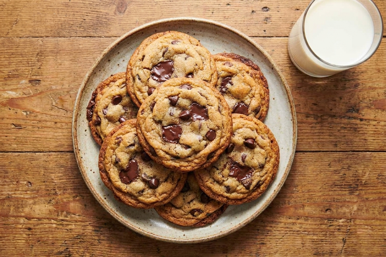 A plate of thick, chewy chocolate chip cookies with melted chocolate puddles and crisp edges on a wooden table with a glass of milk nearby