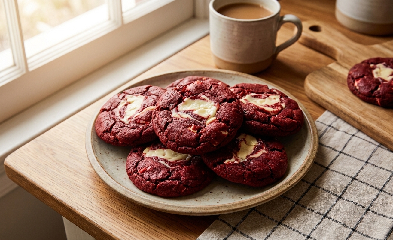 A plate of thick red velvet cookies with crinkly tops and a visible cream cheese swirl, set on a cozy kitchen table with soft natural light