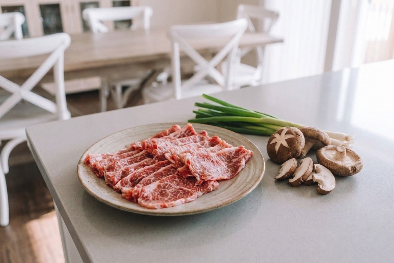 A plate of thinly sliced beef arranged in overlapping folds on a kitchen counter beside scallions and mushrooms