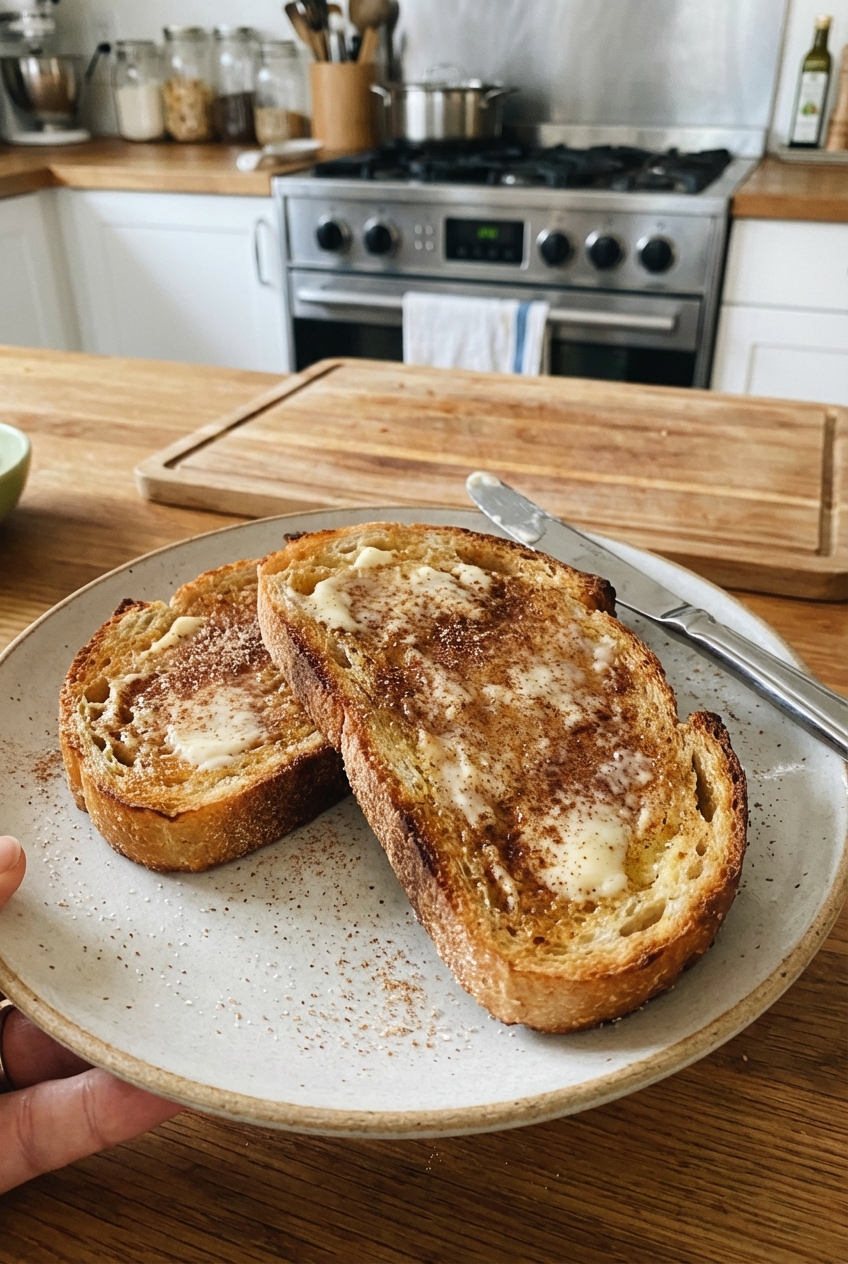 A plate of toasted bread with butter and cinnamon