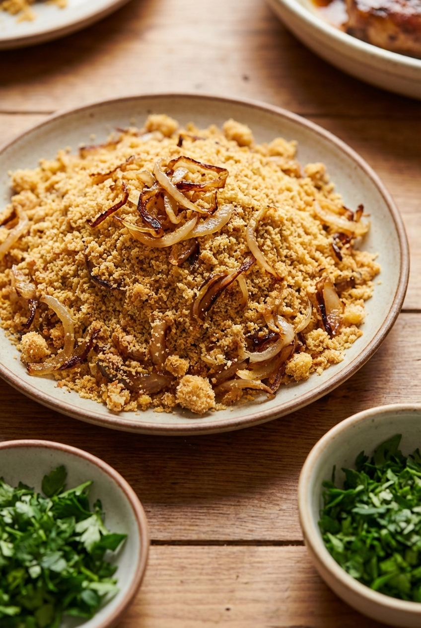 A plate of toasted cassava flour farofa with onions