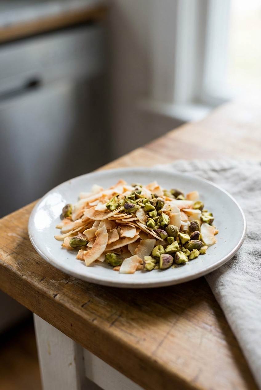 A plate of toasted coconut flakes and chopped pistachios