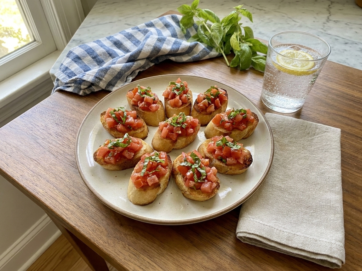A plate of tomato bruschetta on a dining table with a simple linen napkin and a glass of sparkling water in soft natural light