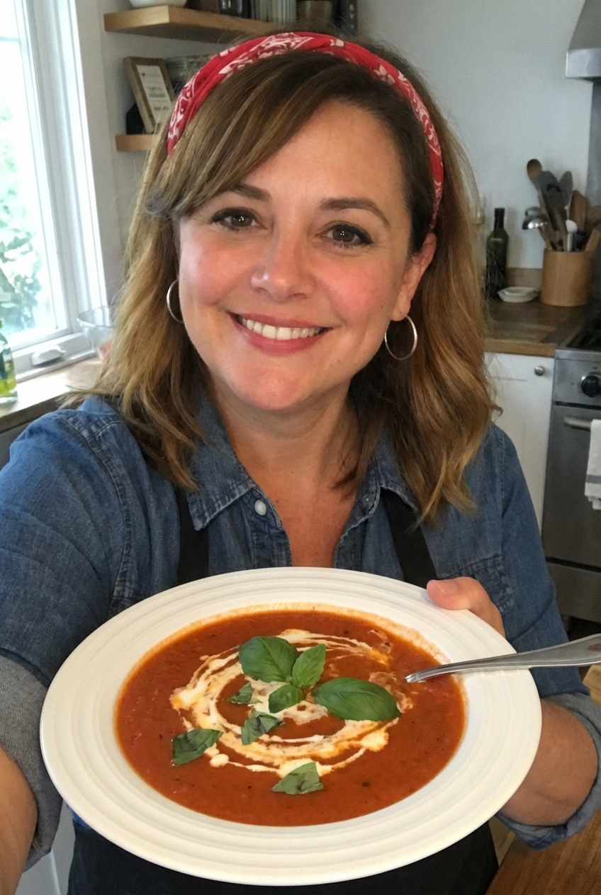 A plate of tomato soup with basil and a drizzle of cream