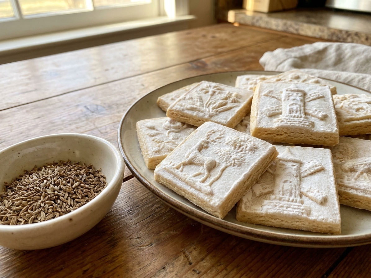 A plate of traditional Springerle cookies with crisp white tops and detailed embossed patterns, arranged on a wooden table with a small bowl of anise seeds nearby