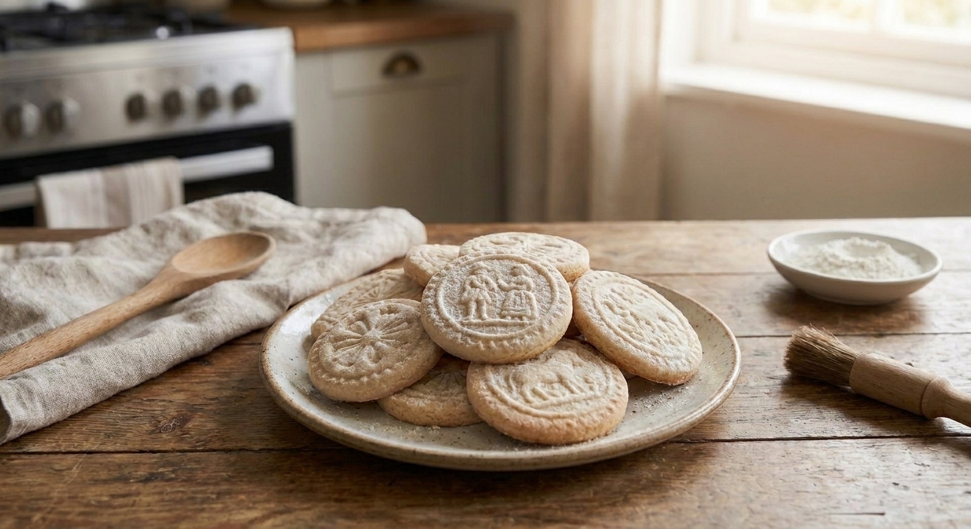 A plate of traditional Springerle cookies with detailed stamped designs, lightly golden bottoms, and a dusting of flour on a warm kitchen table