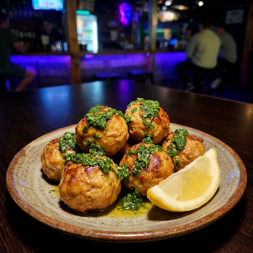 A plate of turkey meatballs with green herb sauce drizzled over the top and a lemon wedge on the side