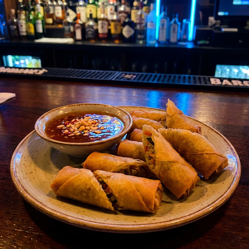 A plate of vegetable spring rolls with a dipping sauce