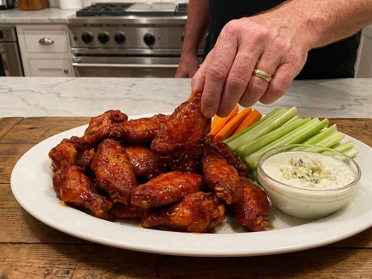 A plate of very spicy buffalo wings with celery and carrot sticks and a bowl of blue cheese dressing on a wooden table with warm kitchen lighting