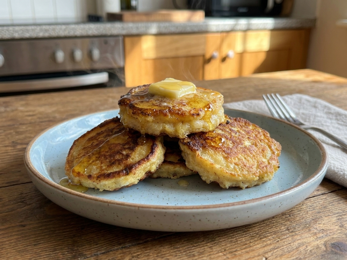 A plate of warm Johnny cakes with butter and a drizzle of honey on a wooden table setting