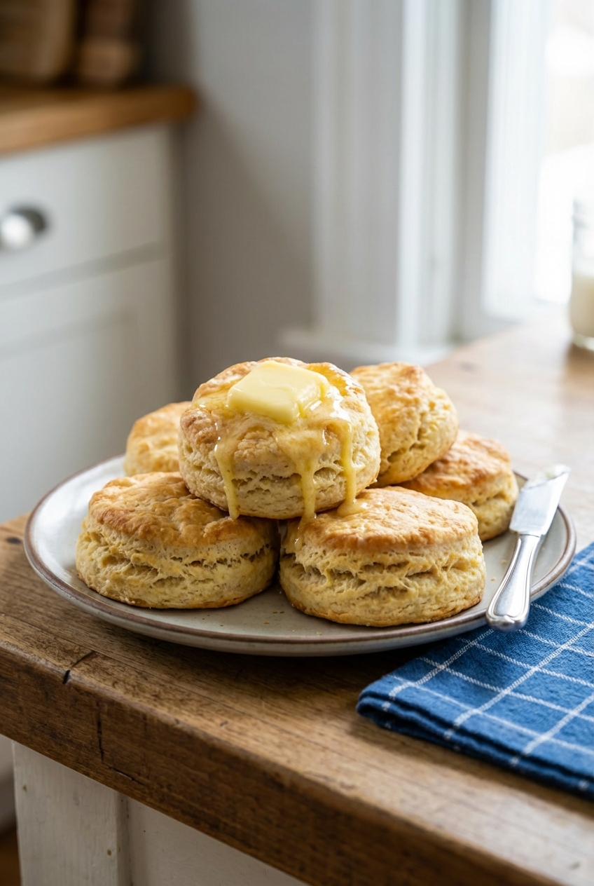 A plate of warm buttermilk biscuits with a pat of butter melting on top