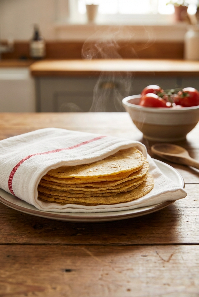 A plate of warm corn tortillas wrapped in a clean kitchen towel