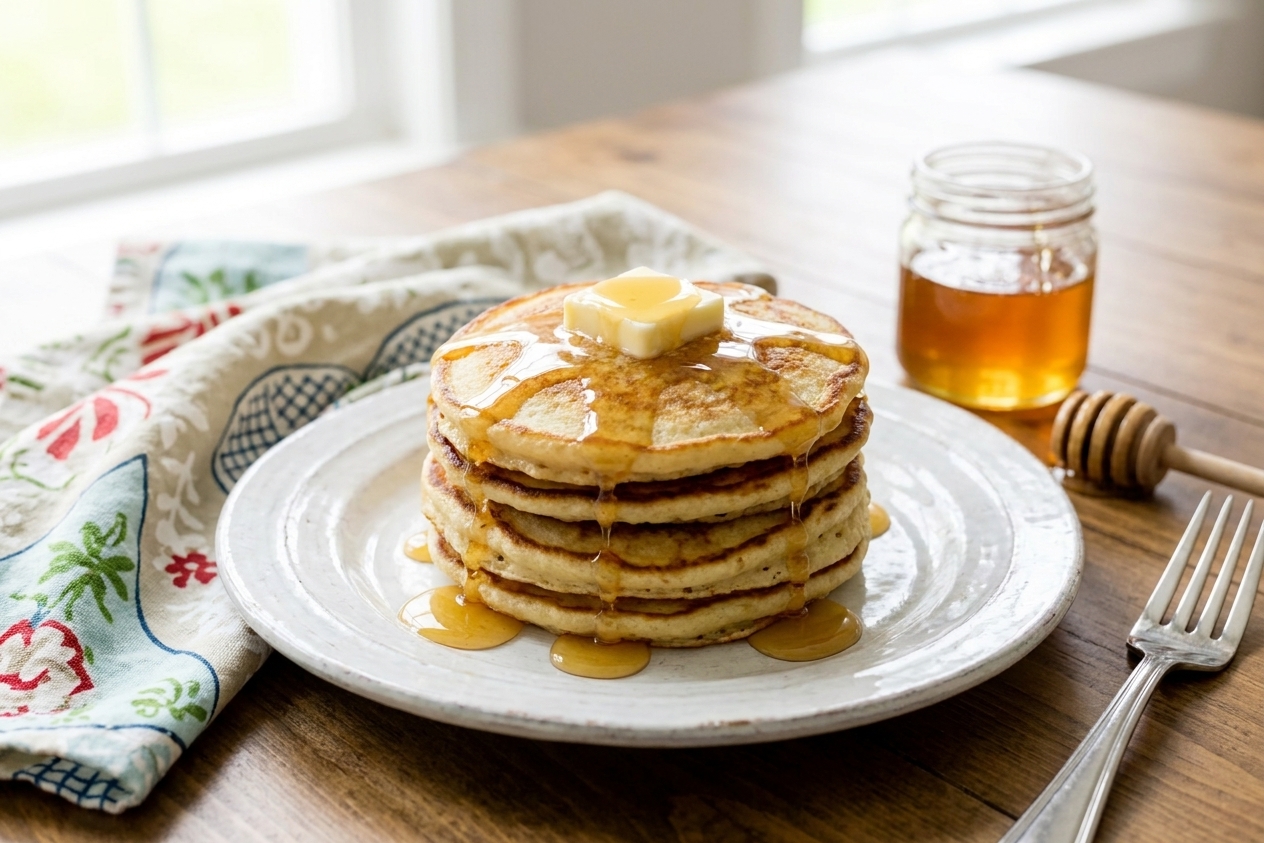 A plate of warm hoe cakes stacked with a pat of butter melting on top and honey drizzled over the edges on a wooden table