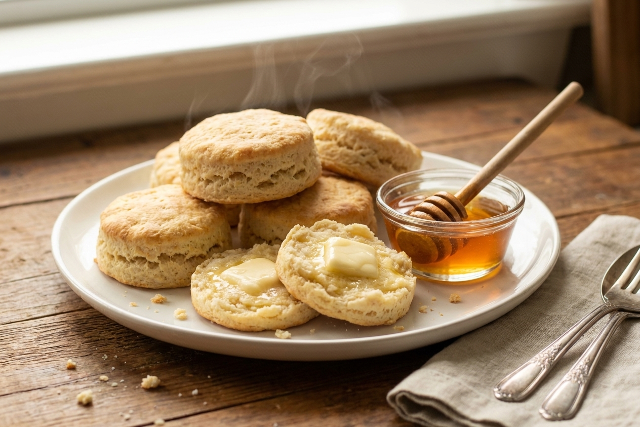 A plate of warm, split buttermilk biscuits with softened butter and a small dish of honey on a wooden table