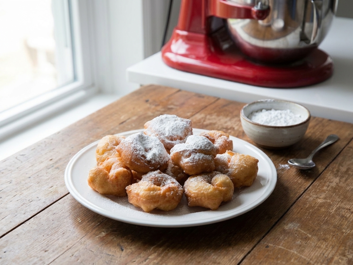 A plate of warm zeppole piled high and dusted heavily with powdered sugar on a wooden table with a small bowl of extra sugar beside it