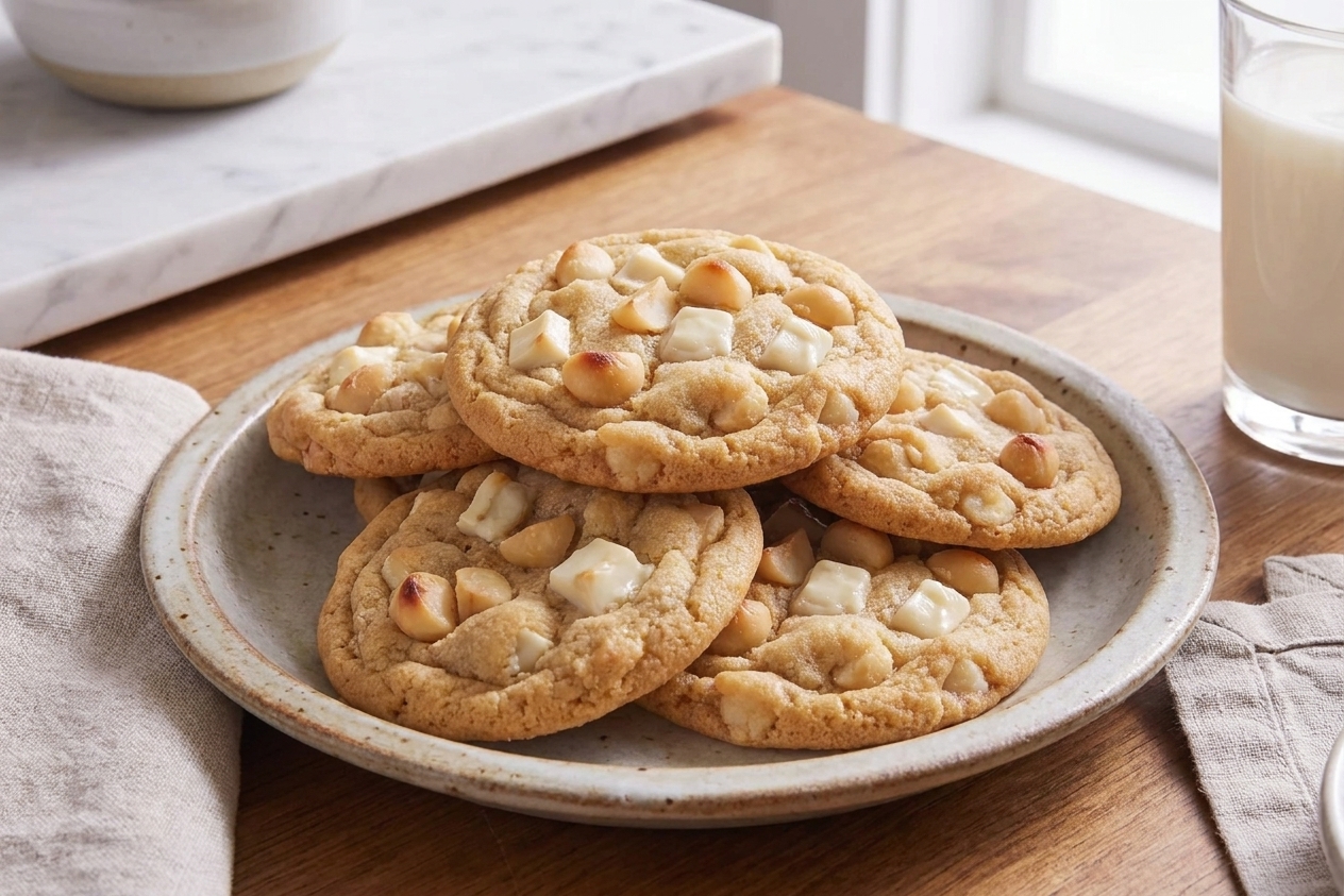 A plate of white chocolate macadamia nut cookies with golden edges and visible chunks of white chocolate and toasted macadamias on a cozy kitchen table