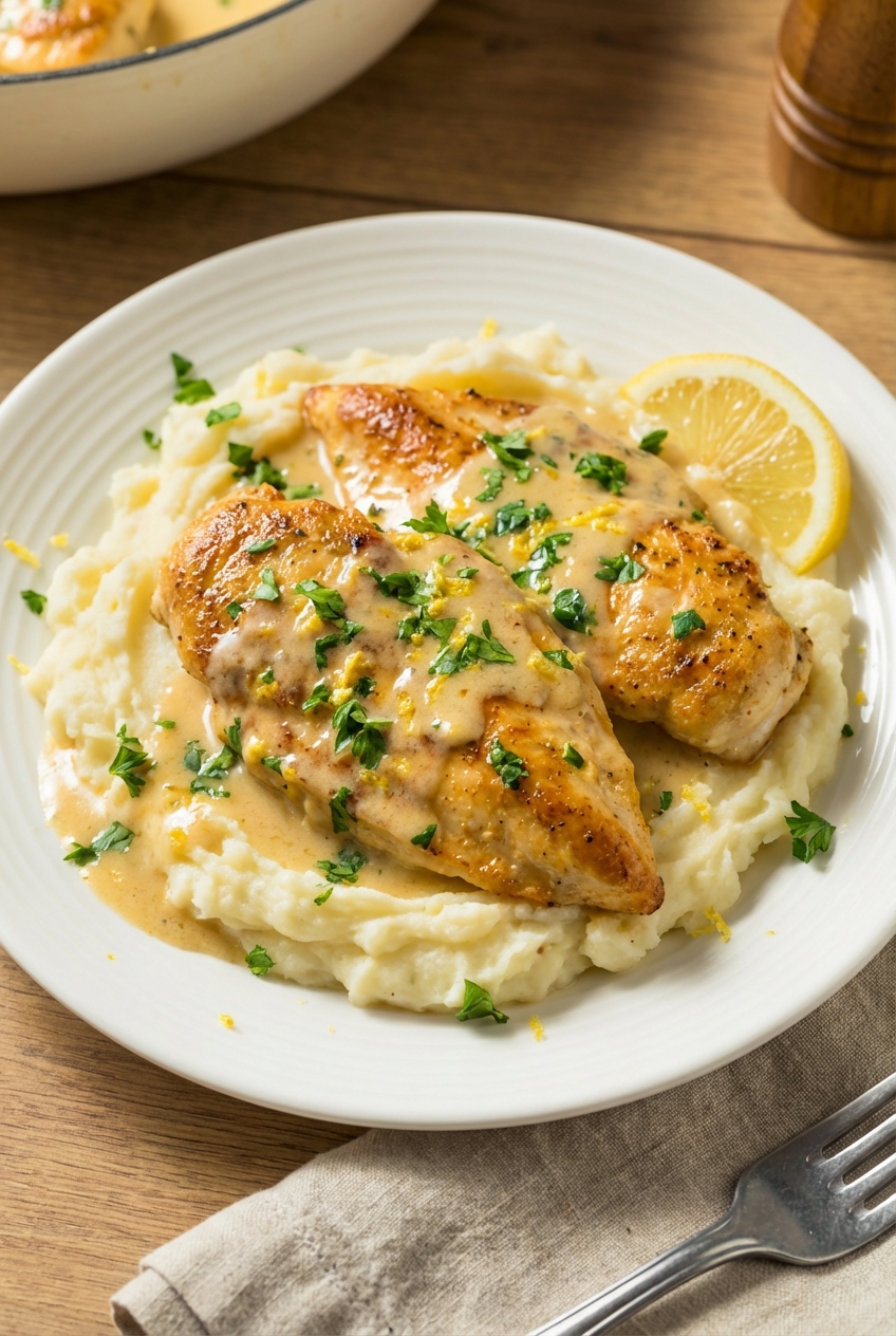 A plate of zesty chicken with creamy lemon sauce served over mashed potatoes with parsley