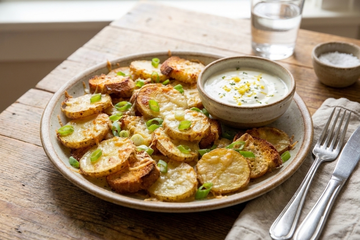 A plate piled with cheesy potatoes and toasted bread chunks, with extra lemony garlic yogurt sauce on the side at a simple dinner table setting