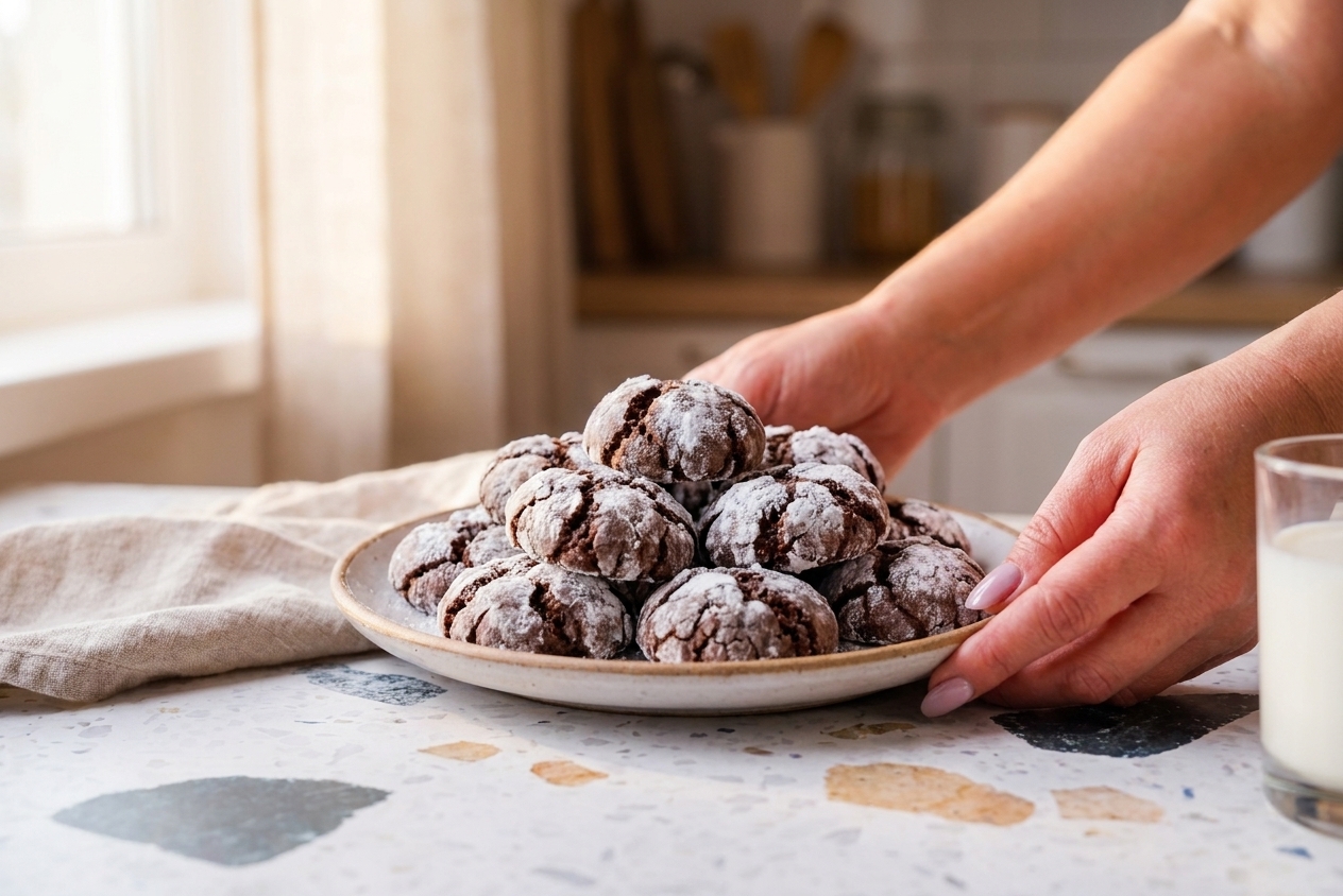 A plate piled with chocolate crinkle cookies, their dark tops cracked with powdered sugar, set on a warm kitchen table with soft natural light