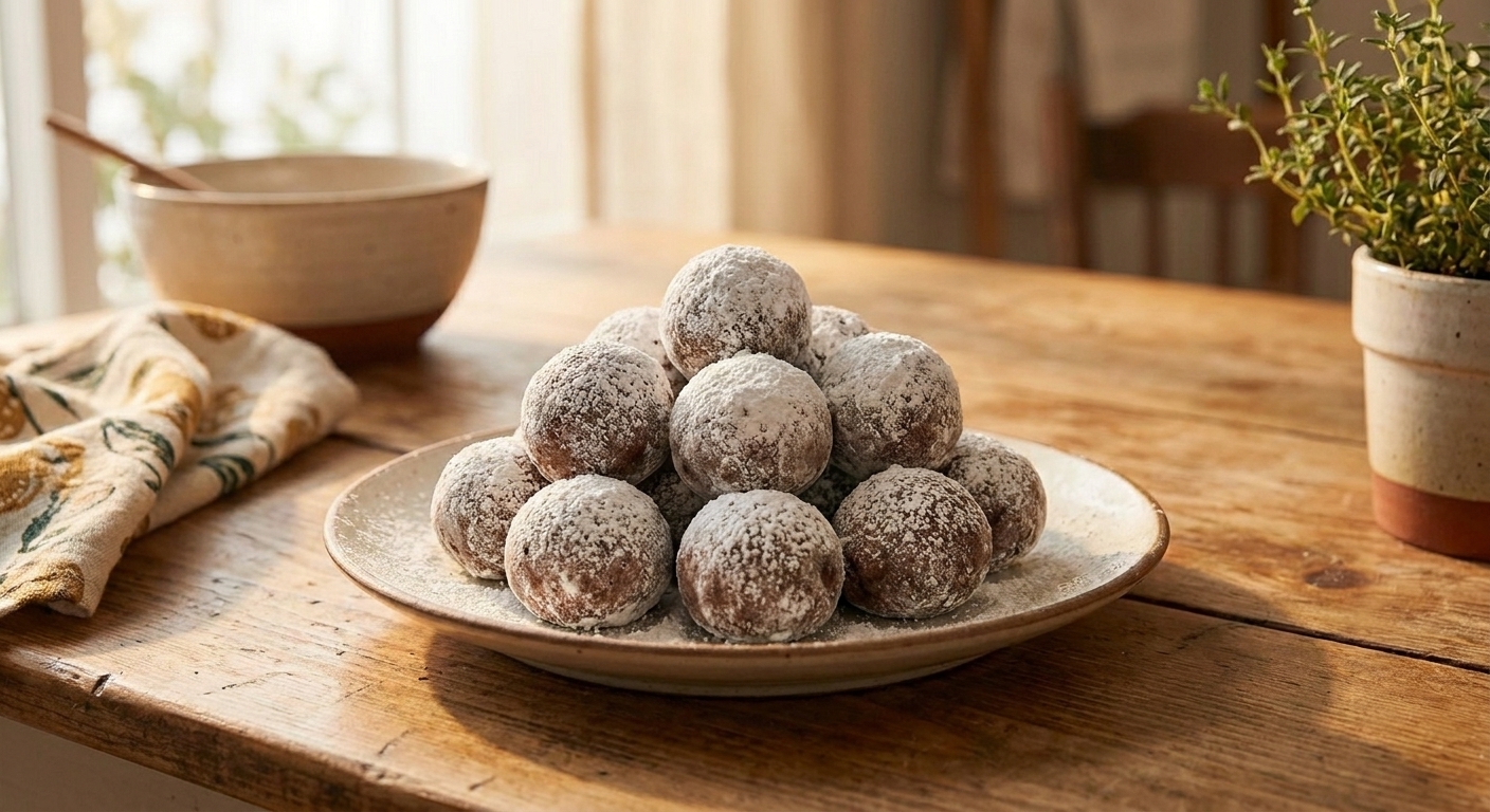 A plate piled with chocolate rum balls rolled in powdered sugar on a warm kitchen table with soft natural light