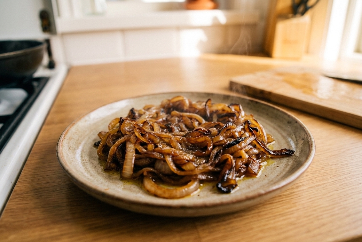 A plate piled with deeply caramelized onions, bronze and glossy with a few crisp edges, shot in warm kitchen light