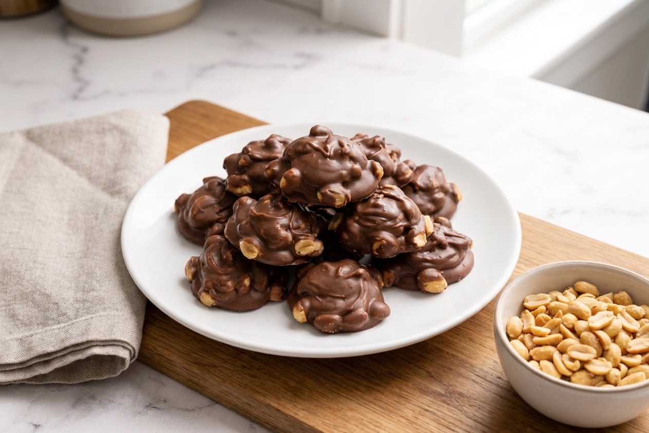 A plate piled with glossy chocolate peanut clusters on a light kitchen table, with a small bowl of peanuts and a folded linen napkin nearby