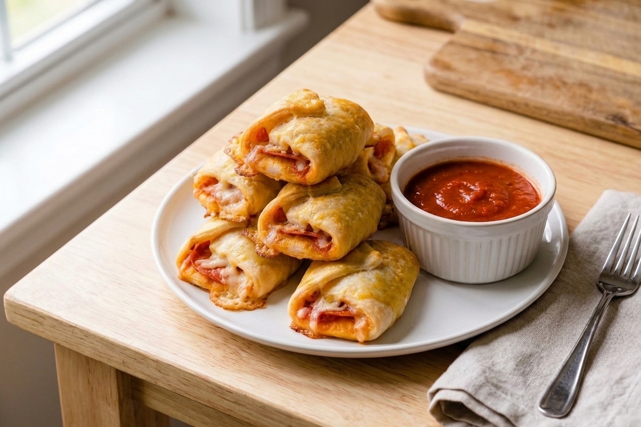 A plate piled with golden, crispy homemade pizza rolls with a small bowl of marinara for dipping on a warm kitchen table