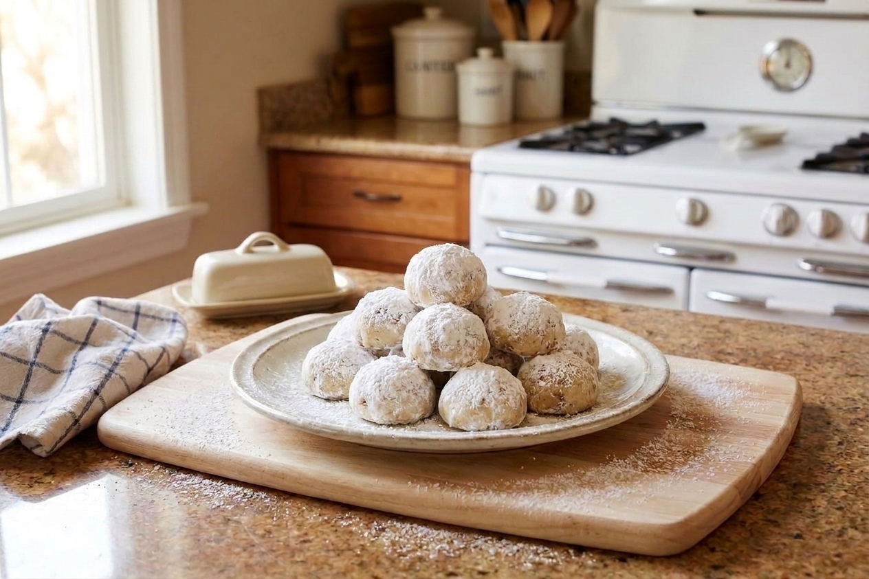 A plate piled with powdered sugar coated snowball cookies on a light wood table with a linen napkin and a warm kitchen background
