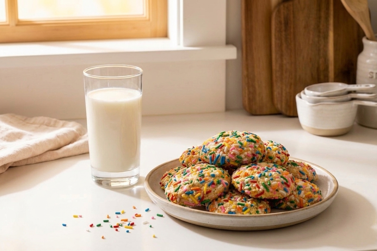 A plate stacked with cake mix cookies next to a glass of milk on a simple kitchen table setting