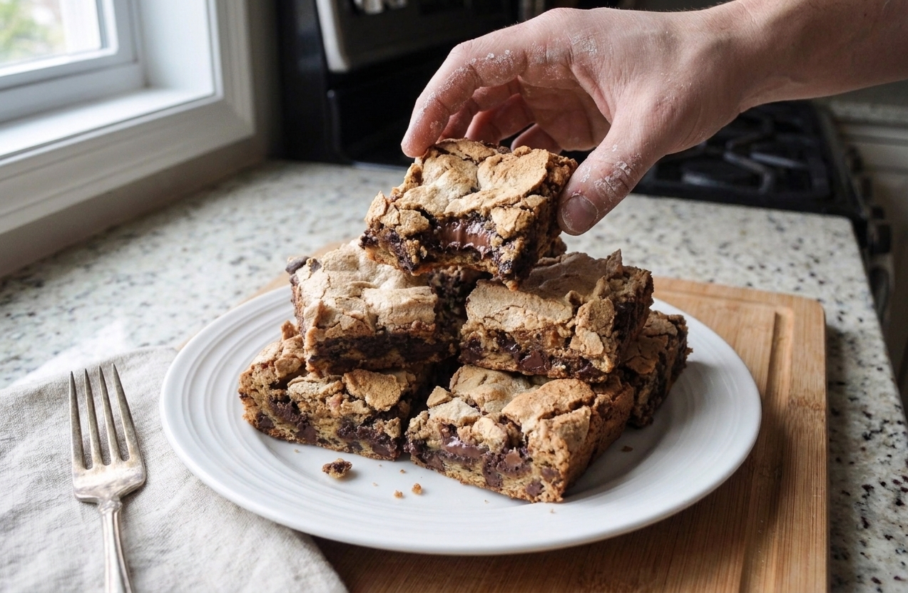 A plate stacked with square chocolate chip cookie bars, showing chewy centers and crisp browned edges