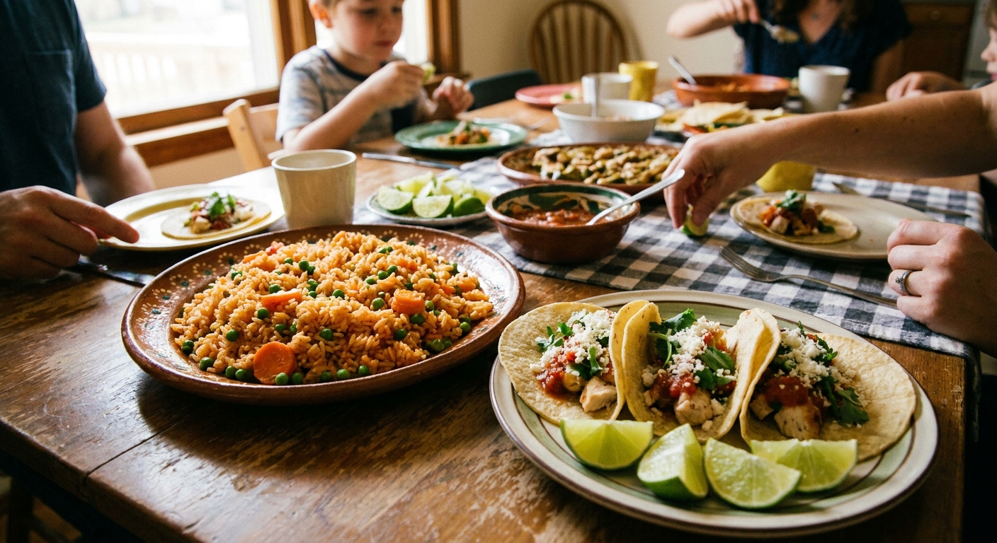 A plate with Spanish rice beside chicken tacos and lime wedges on a casual family dinner table, warm natural light