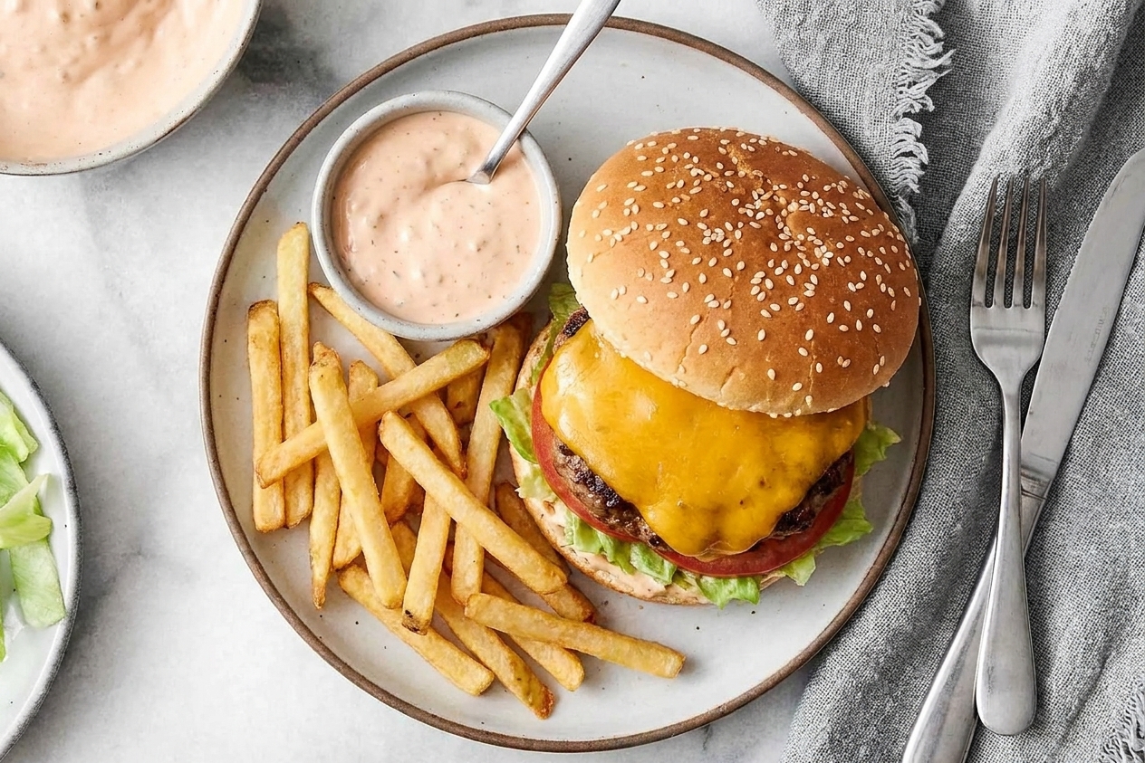 A plate with a cheeseburger and fries with a small ramekin of creamy burger sauce for dipping on a kitchen table