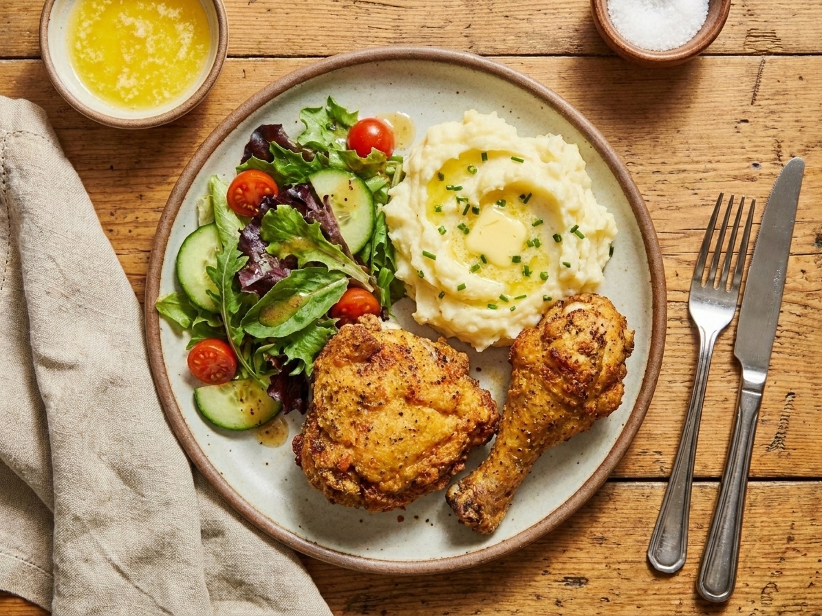 A plate with a crispy fried chicken thigh and drumstick served with buttery mashed potatoes and a simple green salad on a wooden table