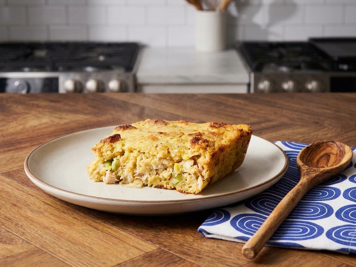 A plate with a generous scoop of chicken dressing showing a moist interior and lightly crisp top, set on a simple dinner table