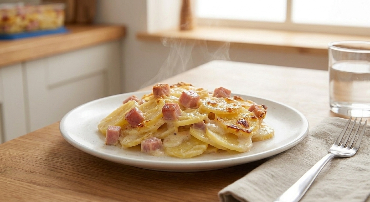 A plate with a generous scoop of scalloped potatoes and ham showing creamy layers and browned edges, set on a simple dinner table