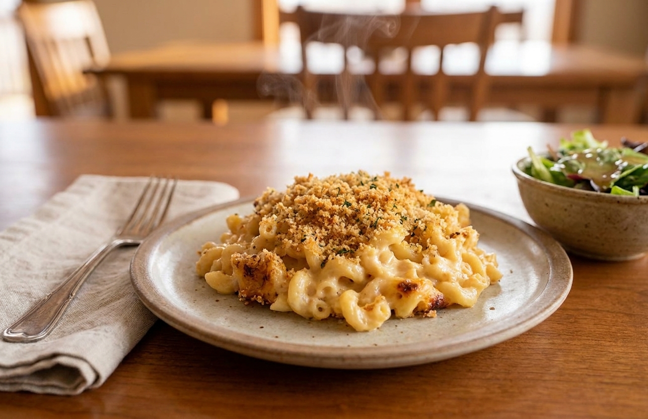 A plate with a generous scoop of smoked mac and cheese showing creamy noodles and crunchy golden topping, set on a simple dinner table