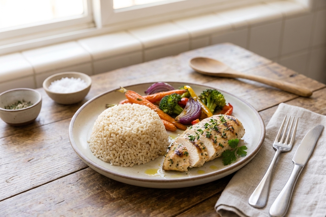 A plate with a neat mound of fluffy integral rice served alongside roasted vegetables and a simple protein on a wooden dining table with soft natural light