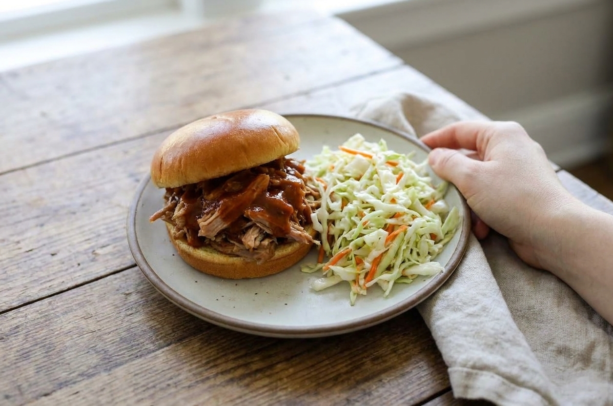 A plate with a pulled pork sandwich and a generous scoop of vinegar slaw on the side on a simple dinner table setting